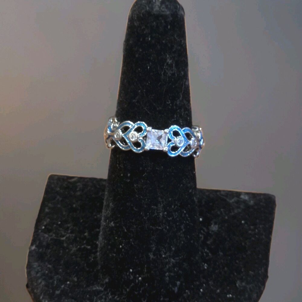 Vintage 925 Sterling Silver Blue Enamel Heart Ring Clear Princess Cut Size 6.5
